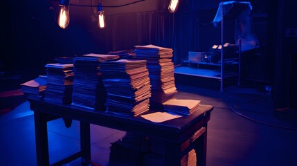 backstage. A table in the wings of a stage, stacked with bound scripts under dramatic lighting. event programs, museum guides, designed for cultural heritage projects and event programs.