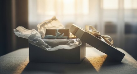 Elegant Gift Box with Ribbon and Tissue Paper in Warm Natural Light