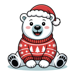 Cute polar bear in red Christmas sweater, winter holiday illustration