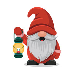 Christmas gnome holding lantern in red hat, cute nordic holiday vector illustration