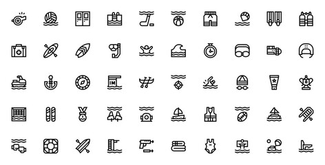 Water Sports icon set. Vector illustration. Includessymbols for swimming, divig, kayak, surf, sailboat, ifesaver, snorkeling and mre. Editable stroke.