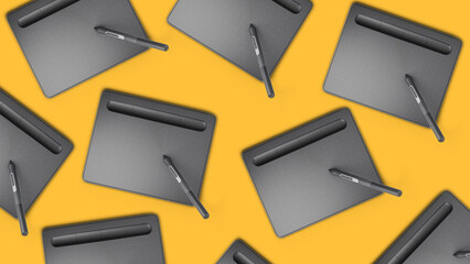 Design. Technology, Creativity, Digital art. Pattern of graphic tablets with stylus pens on yellow background symbolizing tools for drawing, illustration and modern creative work.