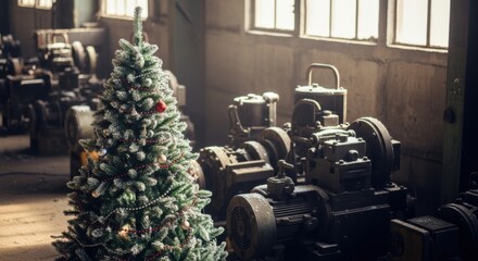 Festive Christmas Tree in Industrial Workshop with Vintage Machinery