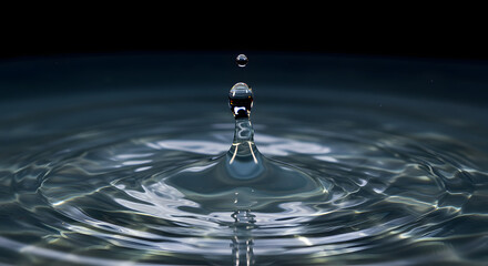 A single water droplet creates a perfect splash and ripples.