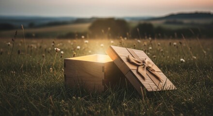 Wooden Gift Box with Ribbon Open on Grass Field at Sunset