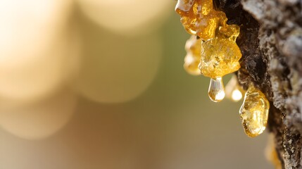 boswellia. Golden resin droplets forming on tree bark in warm sunlight. gardening catalogs, home-decor guides, designed for gardening and botanical catalogs, enhances decor appeal.