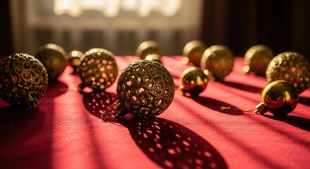 Decorative Christmas Ornaments Gold and Silver Ball Decorations on Red Fabric Surface