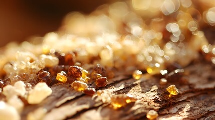 boswellia. Golden resin droplets forming on tree bark in warm sunlight. gardening catalogs, home-decor guides, designed for gardening and botanical catalogs, enhances decor appeal.
