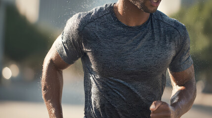 Close-Up of a Man Jogging Outdoors with his T-shirt wet from sweat. Droplets of sweat and sunlight emphasize the intensity and energy of the workout.