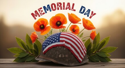 Illustration of memorial day background with helmet, poppies and american flag design
