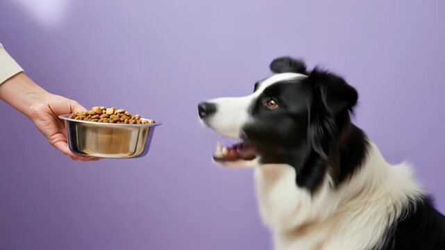A dog stares at a bowl of kibble held by a person on a purple background