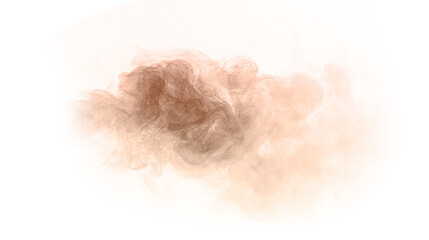Soft brown smoke cloud on white background, abstract powder texture floating in air, artistic dust mist motion for minimalist design, natural sand effect, or creative background illustration concept.