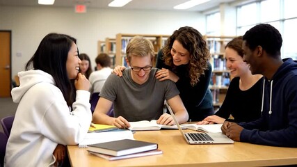Group of students laughing together while studying in a library, using books and laptops - Powered by Adobe