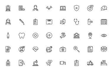 Hospital icon set. Medical vector icons pack. Featurng clinic, doctor, stethosope, heart beat, first aidkit, emergency, hospital bd, thermometer and more. Eitable stroke.