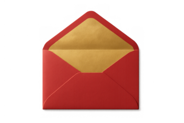 Red open envelope with golden interior, symbolizing chinese new year, good luck, and prosperity, on transparent background