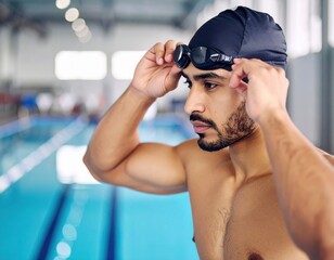 Swimmer Adjusting Goggles by Pool Edge Ready to Swim