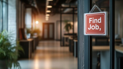 an open office door with a sign hanging that says "Find Job," symbolizing new career opportunities,  on blurred background