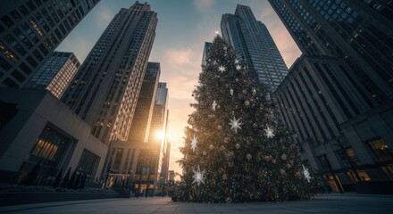 Large Christmas Tree Decorated with Lights and Ornaments in Downtown City Square at Sunset