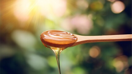 apiary. Golden honey dripping from wooden spoon, blurred natural background. menu design, packaging mockups, designed for food delivery and cloud-kitchen brand materials, used by photographers.
