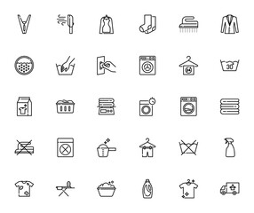 Laundry and dry cleaning icon set. Minimal vector icns pack. Includes symbols or washing machine, iron, etergent, clothes, deliver and more. Editable stroke