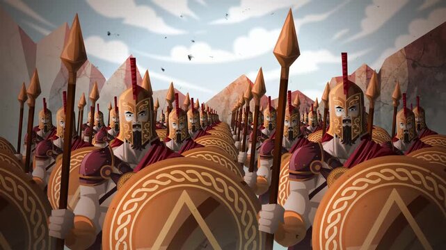 spartan warriors marching with spear and bronze shield
