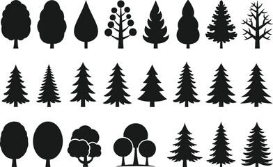 Set of various tree silhouettes isolated on white background, vector illustration for nature, forest, eco, landscape, environment, and green design concept projects