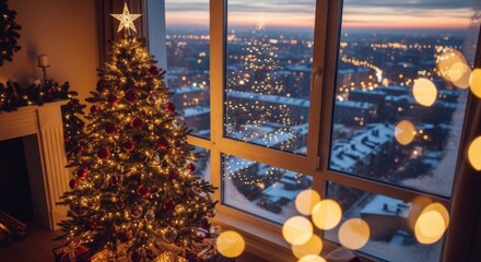 Decorated Christmas Tree with Warm Lights in Cozy Living Room with City View During Evening