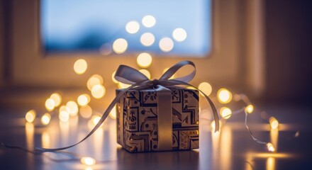 Decorative Gift Box Wrapped with Ribbon Surrounded by Warm Bokeh Lights in Cozy Indoor Setting