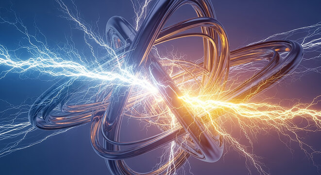 Abstract metallic rings generating electrical energy creating fusion power