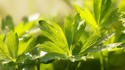 lovage. Fresh green lovage leaves glistening with morning dew. gardening catalogs, home-decor guides, designed for home decor and floral branding, used by recruiters.