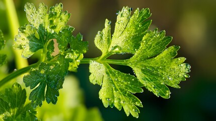 lovage. Fresh green lovage leaves glistening with morning dew. gardening catalogs, home-decor guides, designed for home decor and floral branding, used by recruiters.