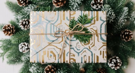 Decorative Gift Box Wrapped in Geometric Gold and Blue Pattern with Green Pine Branch and Twine on Fir Tree Branches