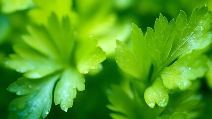 lovage. Fresh green lovage leaves glistening with morning dew. gardening catalogs, home-decor guides, designed for home decor and floral branding, used by recruiters.