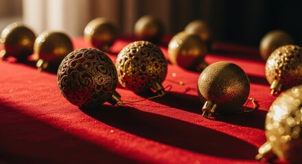 Decorative Gold Christmas Ornaments on Red Fabric Tablecloth in Warm Light