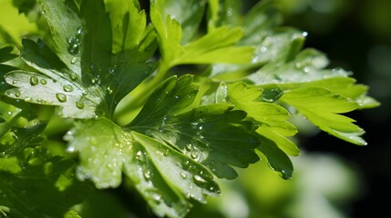lovage. Fresh green lovage leaves glistening with morning dew. gardening catalogs, home-decor guides, designed for home decor and floral branding, used by recruiters.