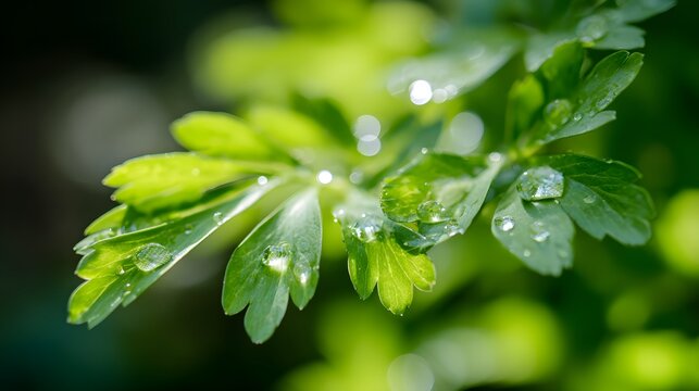 lovage. Fresh green lovage leaves glistening with morning dew. gardening catalogs, home-decor guides, designed for home decor and floral branding, used by recruiters.