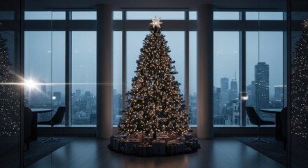 Festive Christmas Tree Decorated with Lights and Ornaments in Modern Office with City View
