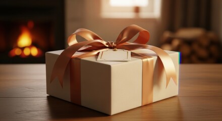 Wrapped Gift Box with Satin Ribbon and Bow in Cozy Home Setting