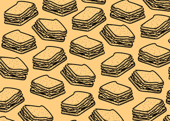 Seamless pattern of hand drawn sandwiches in doodle style. Cream background with sketch bread and layers of fillings. Perfect for cafe branding, packaging design, and restaurant