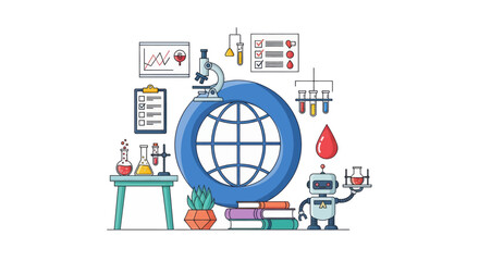 Global technology and innovation concept with globe robot and science lab elements vector