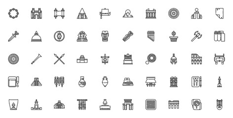 Ancient Civilization icon set. Vector illustration pck. Includes symbols for pramid, sphinx, colosseum, tonehenge, spear, shield, ilk, aqueduct and more. Edtable stroke.