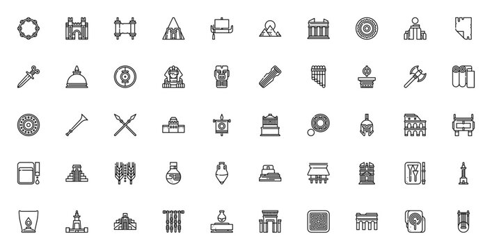 Ancient Civilization icon set. Vector illustration pck. Includes symbols for pramid, sphinx, colosseum, tonehenge, spear, shield, ilk, aqueduct and more. Edtable stroke.