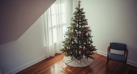 Decorated Christmas Tree in Bright Room with Window and Armchair