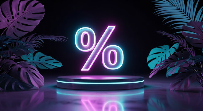 Glowing neon percent sign marketing promotion display