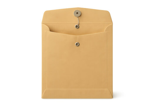 Manila envelope with a string tie closure, providing a secure method for carrying documents and office mail. Transparent background