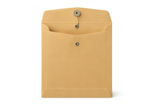 Manila envelope with a string tie closure, providing a secure method for carrying documents and office mail. Transparent background
