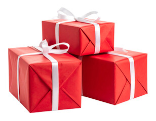 Obraz premium Three red presents stacked, wrapped and tied with white satin ribbon, set against a transparent background