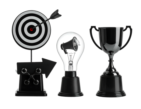 Three monochromatic symbolic trophies a target, a lightbulb megaphone, and a classic cup, rendered on a clean black backdrop