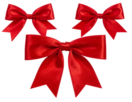 Three red silky bows against a black background, arranged in a triangular formation, glistening with reflected light