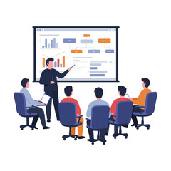 Business professional presenting data charts and graphs to a seated audience in a meeting.